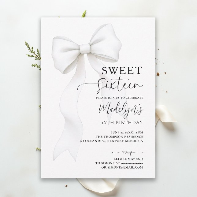 Invitación Bow Chic Negro Blanco Caligrafía Elegante Sweet 16 (sweet sixteen birthday party invitation bow chic fashion simple classy black and white script)