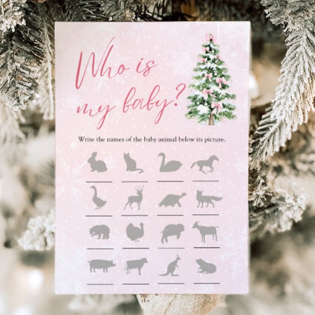 Invitación Bow Christmas Tree Baby Shower Quién es mi bebé ju (Pink Bow Christmas Tree Baby Shower Who Is My Baby Game)