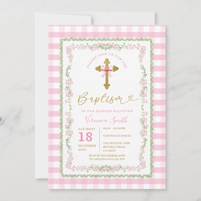 Invitación Bow Coquette Baptism Cross Grandmillenial Floral (Anverso)