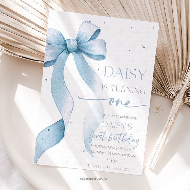 Invitación Bow Coquette Blue 1st Birthday  (Bow Coquette Birthday Invitation )