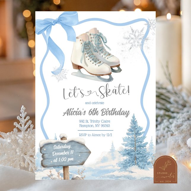 Invitación Bow Coquette Blue Girl Let's Skate Birthday (Subido por el creador)