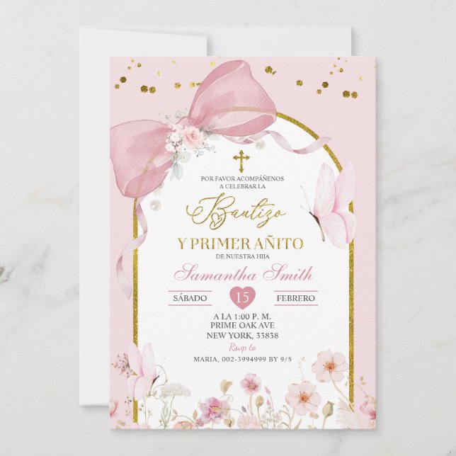 Invitación Bow Coquette Blush Pink Bautizo Y Primer Anito (Anverso)