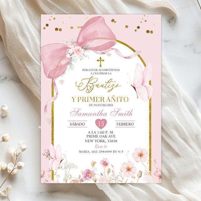 Invitación Bow Coquette Blush Pink Bautizo Y Primer Anito (Subido por el creador)