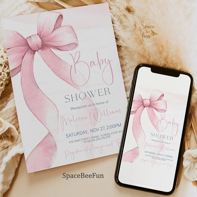 Invitación Bow Coquette Chica Baby Shower (Bow Coquette Girl Baby Shower Invitation, baby shower invitation, girl baby shower, elegant baby sho)