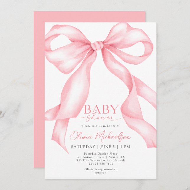 Invitación Bow Coquette Cinta Rosa Elegante Chica Baby Shower (Anverso / Reverso)