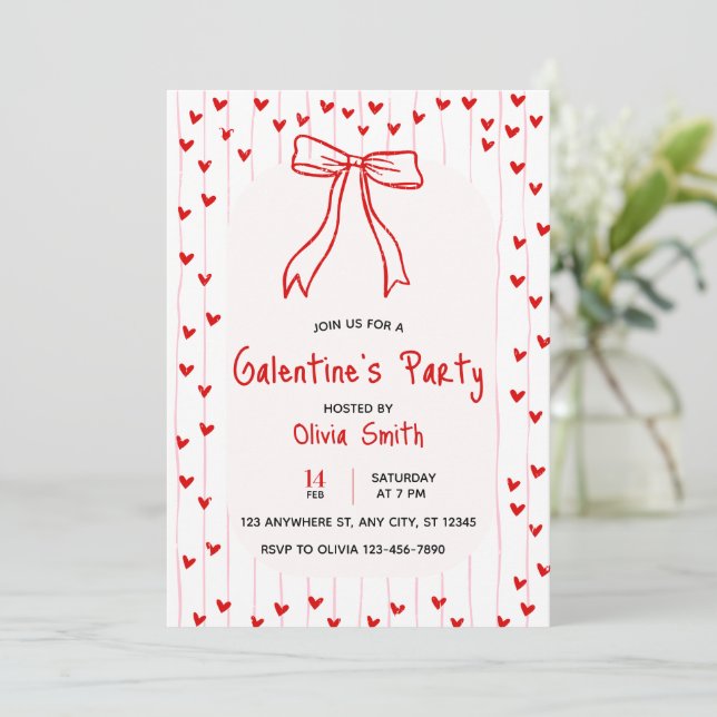 Invitación bow coquette galentines party invite , red hearts  (Anverso de pie)