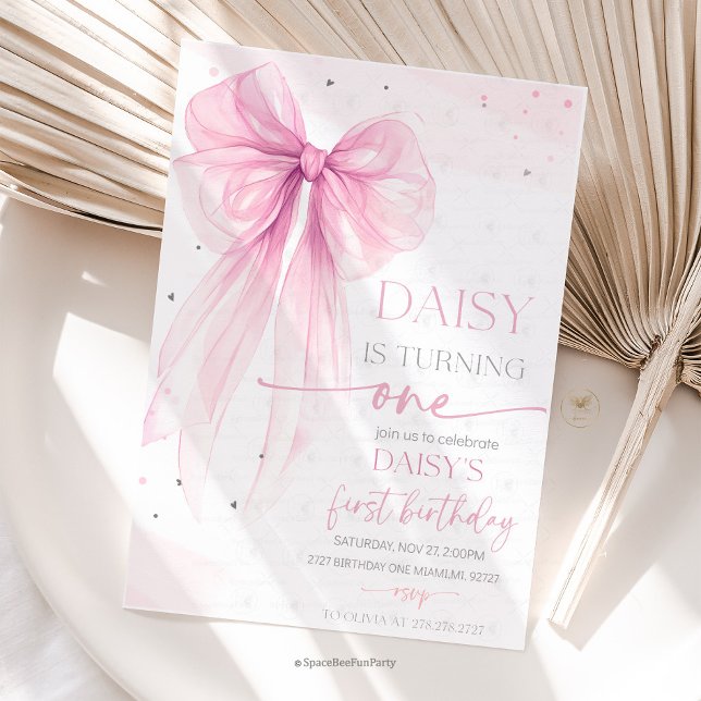 Invitación Bow Coquette Pink 1st Birthday  (Bow Coquette Birthday,Elegant coquette,ribbon pamper party,Bow Any Age Party, Party decoration bow,)