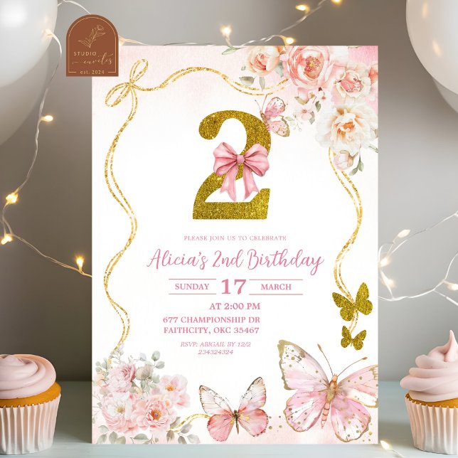 Invitación Bow Coquette Pink Butterfly Second Birthday (Subido por el creador)