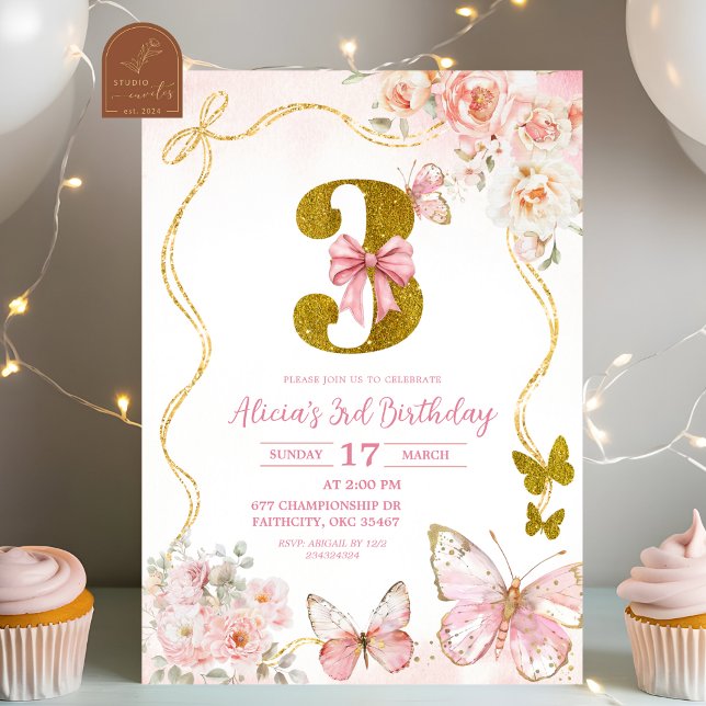 Invitación Bow Coquette Pink Butterfly Third Birthday (Subido por el creador)