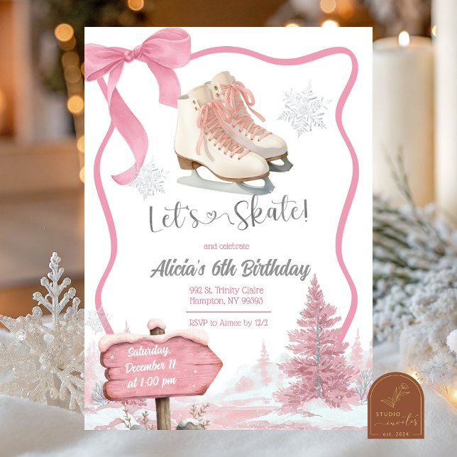 Invitación Bow Coquette Pink Girl Let's Skate Birthday (Subido por el creador)