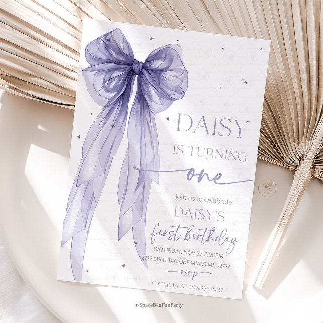 Invitación Bow Coquette Purple 1st Birthday  (Bow Coquette Birthday Invitation )