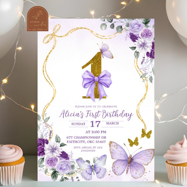 Invitación Bow Coquette Purple Butterfly First Birthday (Subido por el creador)