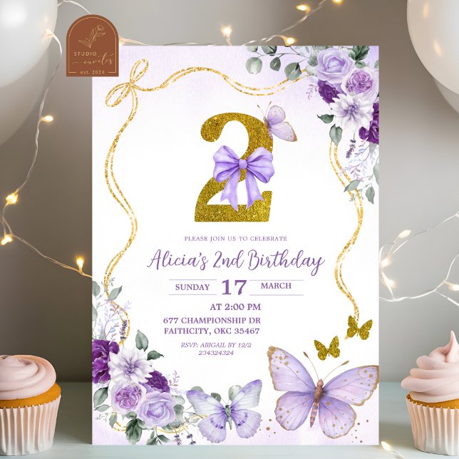 Invitación Bow Coquette Purple Butterfly Second Birthday (Subido por el creador)