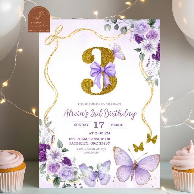 Invitación Bow Coquette Purple Butterfly Third Birthday (Subido por el creador)