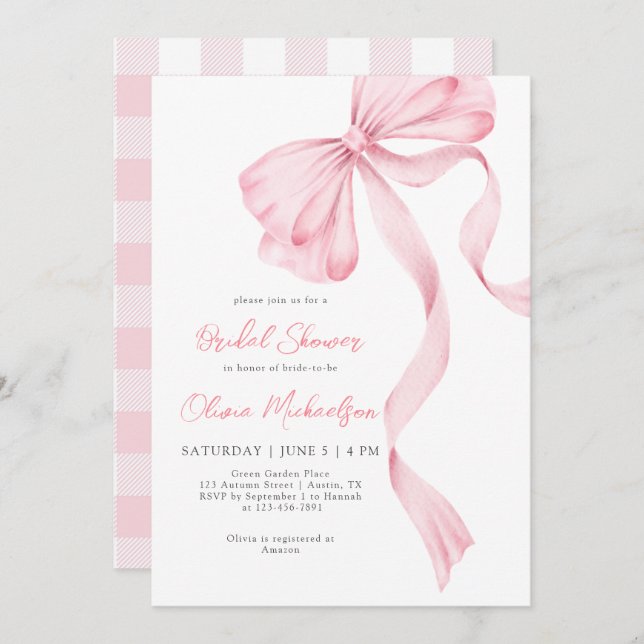 Invitación Bow Coquette Rubor Plaid Pink Ribbon Bridal Shower (Anverso / Reverso)