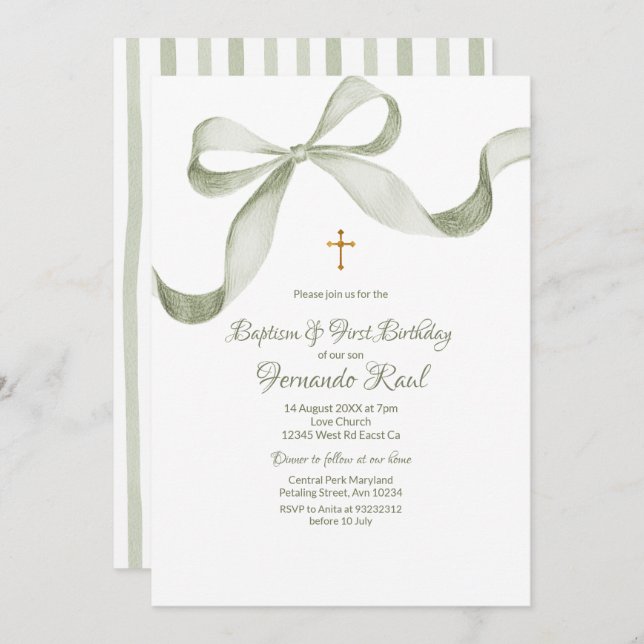 Invitación Bow Coquette Sage Green Baptism Elegante (Anverso / Reverso)
