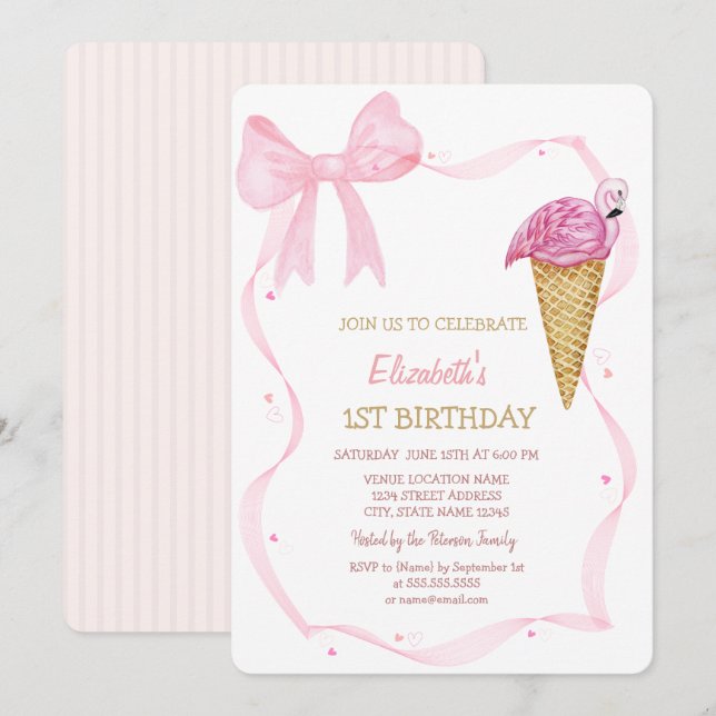Invitación Bow crema de hielo tachado Cumpleaños (Anverso / Reverso)