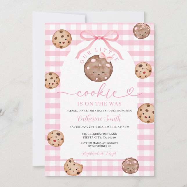 Invitación Bow CuOur Little Cookie Baby Shower Pink Gingham (Anverso)