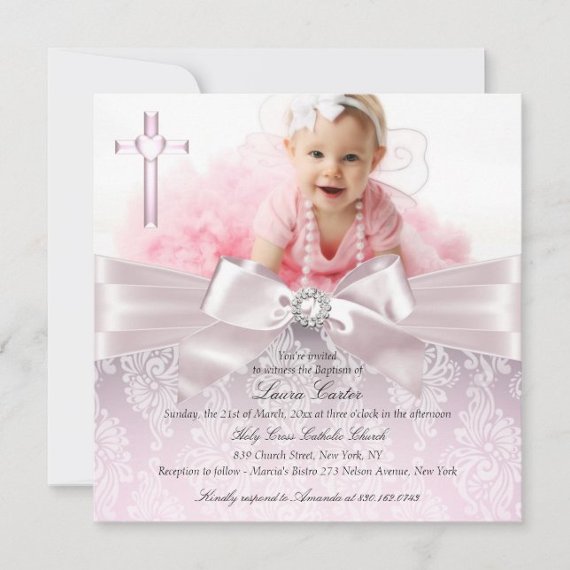 Invitación Bow de bonito y bautismo de foto cruzada/cristiani (Anverso)