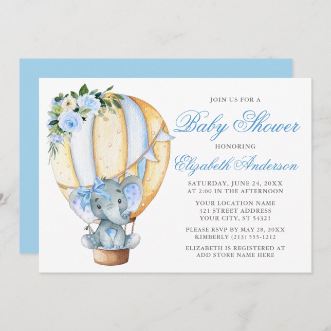 Invitación Bow de elefante de globo azul Baby Shower (Anverso / Reverso)