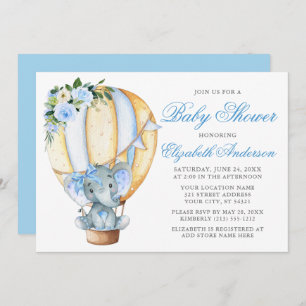 Invitación Bow de elefante de globo azul Baby Shower