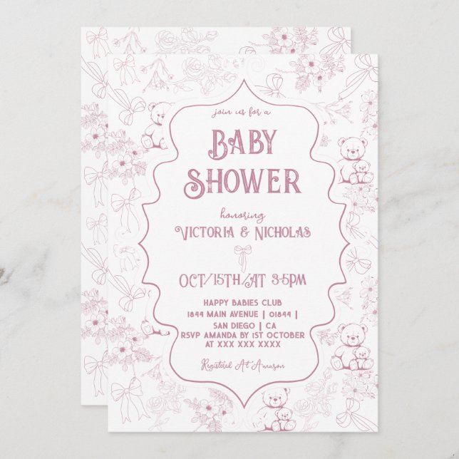 Invitación Bow De Toile Rosa Polvoriento Bear Bebé Chica Duch (Anverso / Reverso)