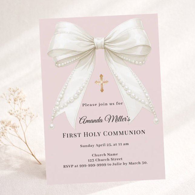 Invitación Bow dusty blush pink ivory pearls First Communion (Subido por el creador)