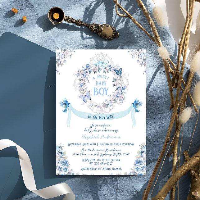 Invitación Bow Dusty Floral Escudo Sweet Baby Boy Baby Shower (Subido por el creador)