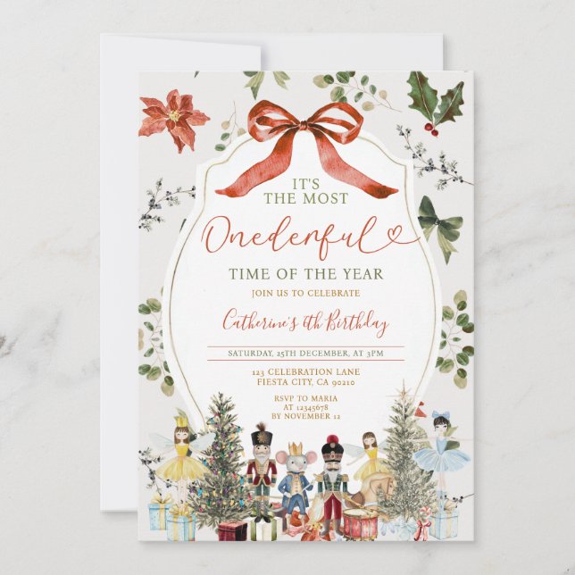 Invitación Bow Es el cumpleaños más maravilloso de los navida (Anverso)