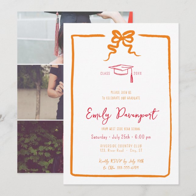 Invitación Bow extravagante graduación 3 fotos (Anverso / Reverso)