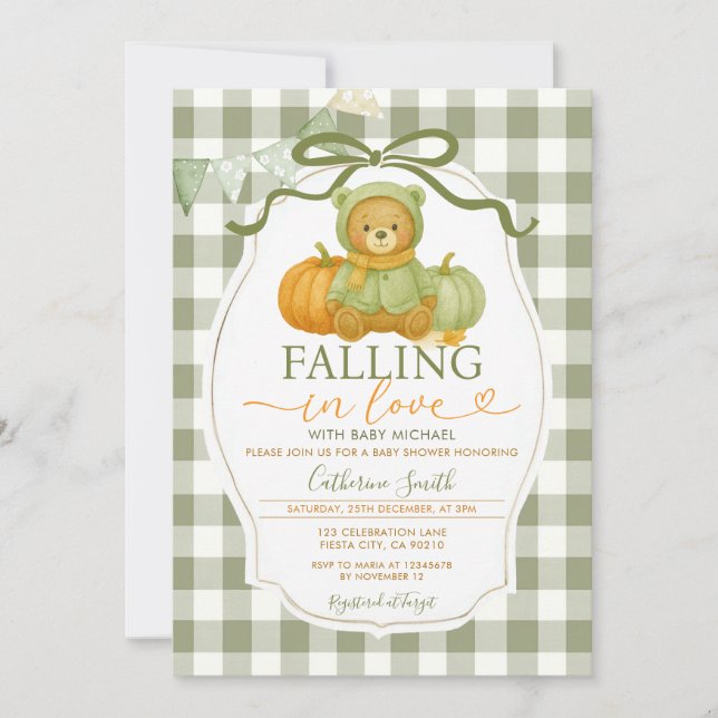 Invitación Bow Fall en el amor Bear Pumpkin Bebé ducha Gingha (Anverso)