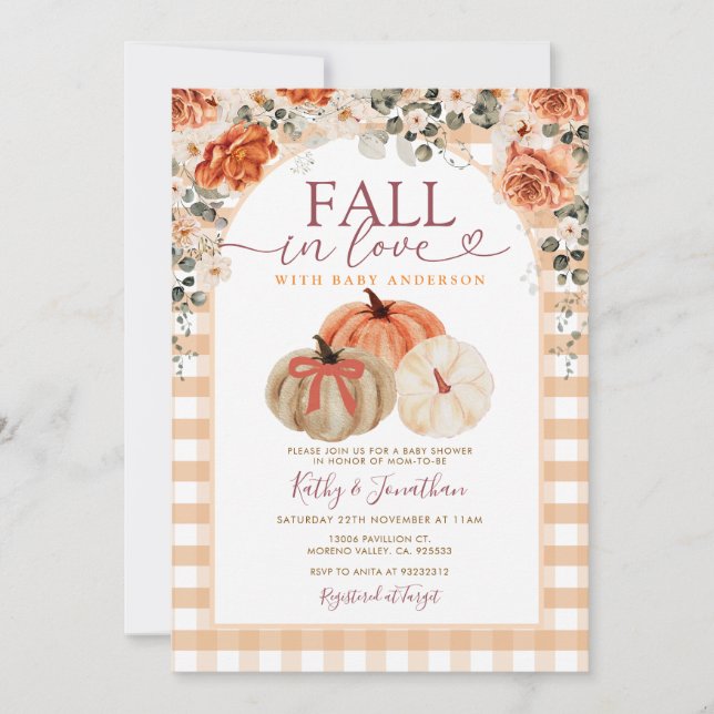 Invitación Bow Fall in Love Naranja gingham Baby Shower (Anverso)