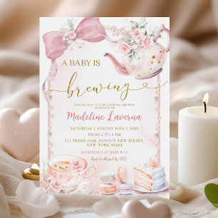Invitación Bow Floral Rosa Coquette Pearl Baby Shower