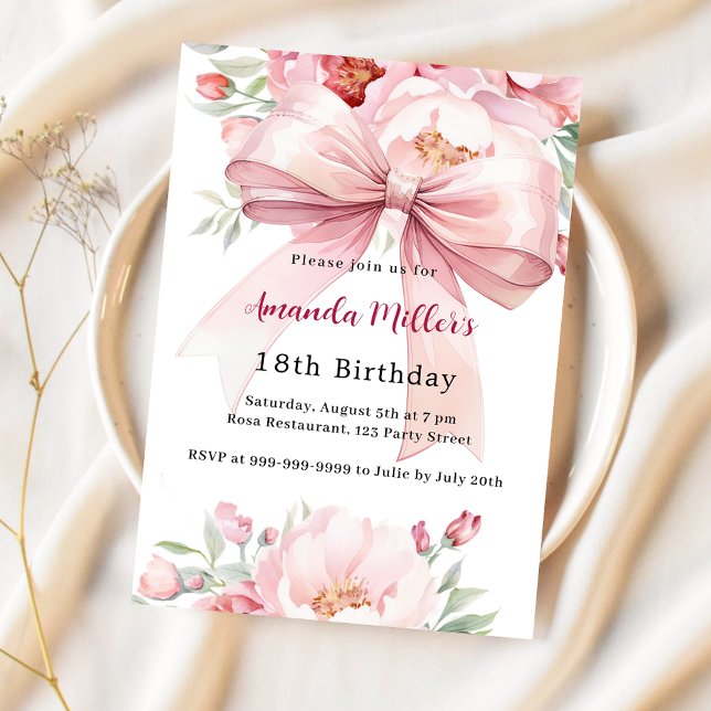 Invitación Bow florines rosados cumpleaños elegante (Subido por el creador)