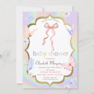 Invitación Bow Flowers Butterflies Holographic Baby Shower