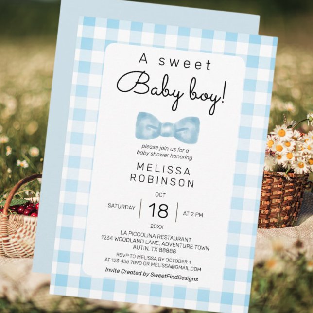 Invitación Bow Gingham Baby Shower (Bow Gingham Baby Boy Shower Invitation)
