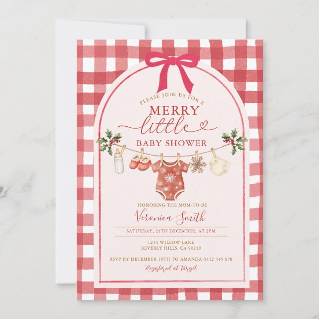 Invitación Bow Gingham Clothesline Merry Little Baby Shower (Anverso)