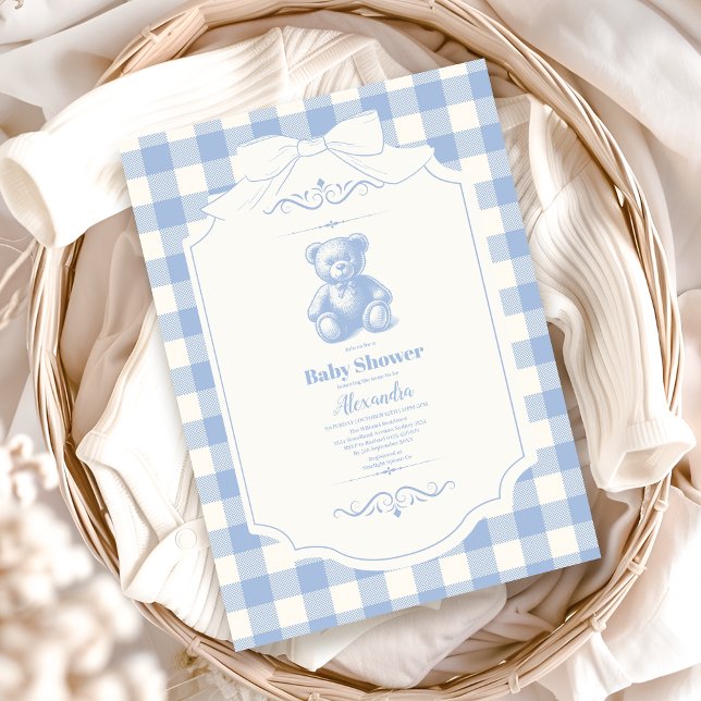 Invitación Bow Gingham French Teddy Bear Baby Shower (Subido por el creador)