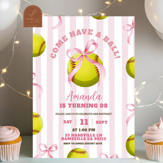 Invitación Bow Girl Softball Birthday Game time