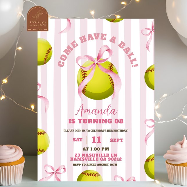 Invitación Bow Girl Softball Birthday Game time (Subido por el creador)