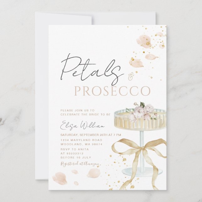 Invitación Bow Gold Petals and Prosecco Bridal Shower  (Anverso)
