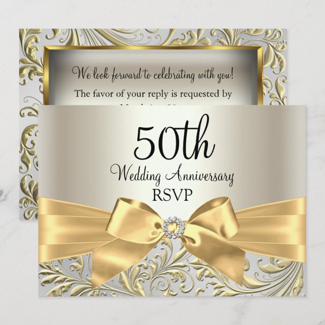 Invitación Bow Gold y Swirl Floral 50º aniversario RSVP (Anverso / Reverso)