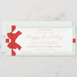Invitación Bow Green Stripe Happy Birday Gift Voucher Card