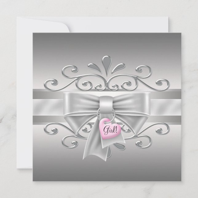 Invitación Bow Heart Charm Pink Silver Baby Shower (Anverso)