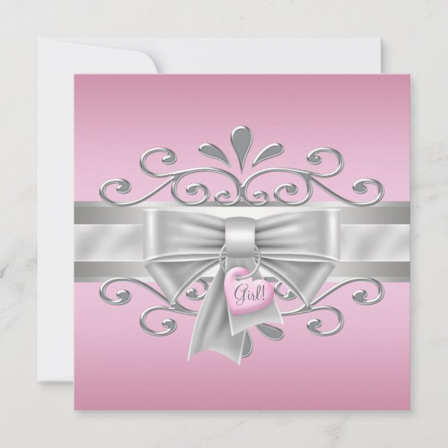 Invitación Bow Heart Charm Pink Silver Baby Shower (Anverso)