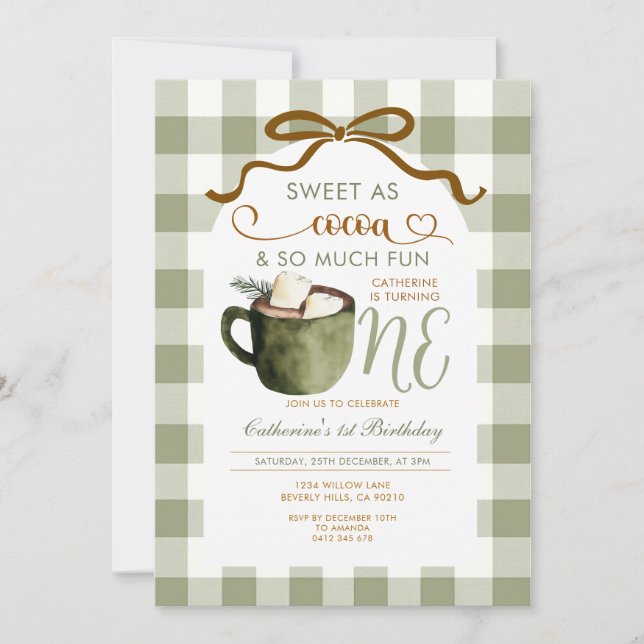 Invitación Bow Hot Cocoa 1st birthday Sage Green Gingham (Anverso)