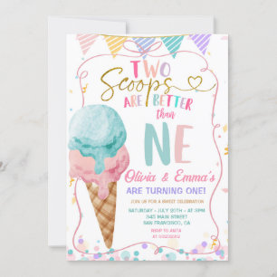 Invitación Bow Ice Cream Two Scoops Twin Girls Birday Party