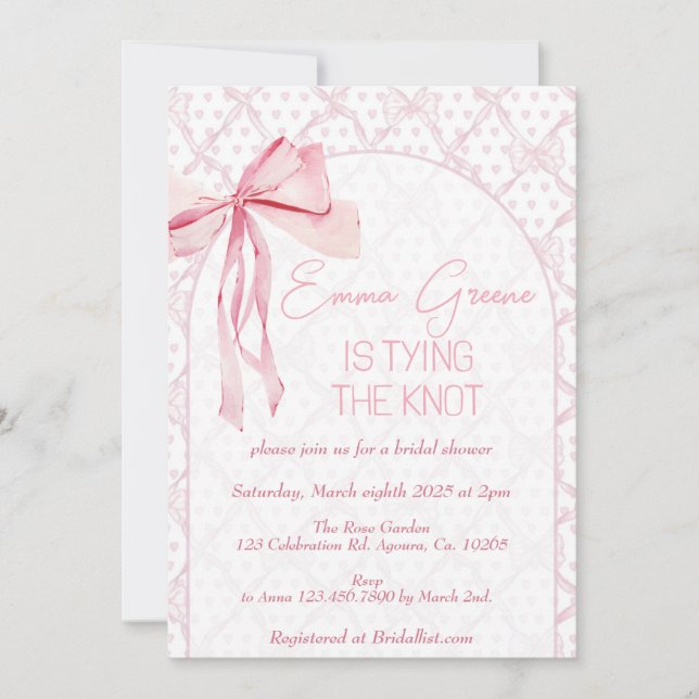 Invitación Bow Invite, Bridal Shower, Coquette Ribbon, (Anverso)