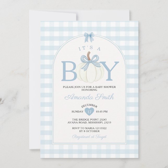 Invitación Bow It's A Boy Pumpkin Baby Shower Blue Gingham (Anverso)