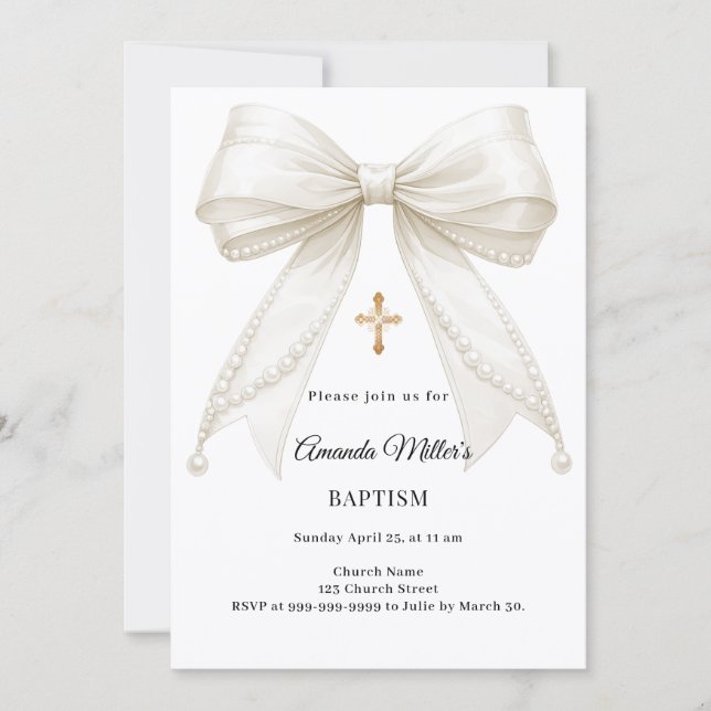 Invitación Bow Ivory Pearls Girl Elegant Baptism (Anverso)